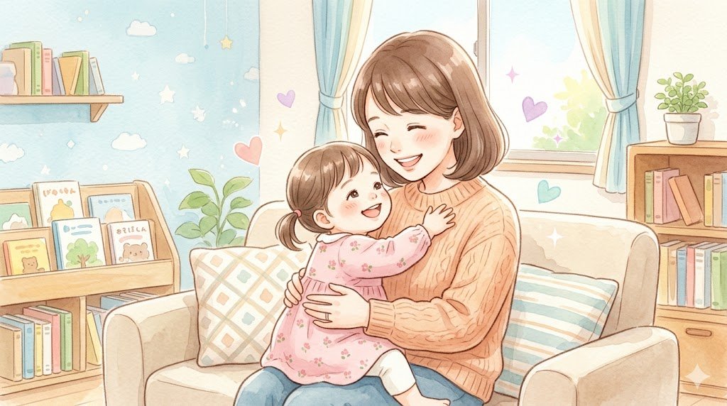 親が幼児を温かく抱きしめる優しい水彩イラスト
