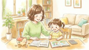 親子が教育費を一緒に考える温かい水彩イラスト