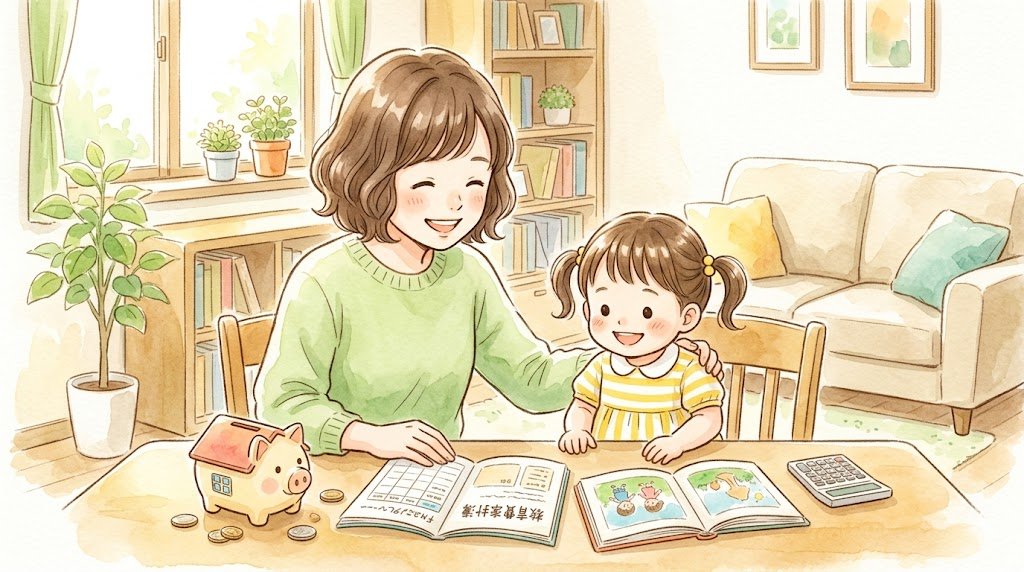 親子が教育費を一緒に考える温かい水彩イラスト