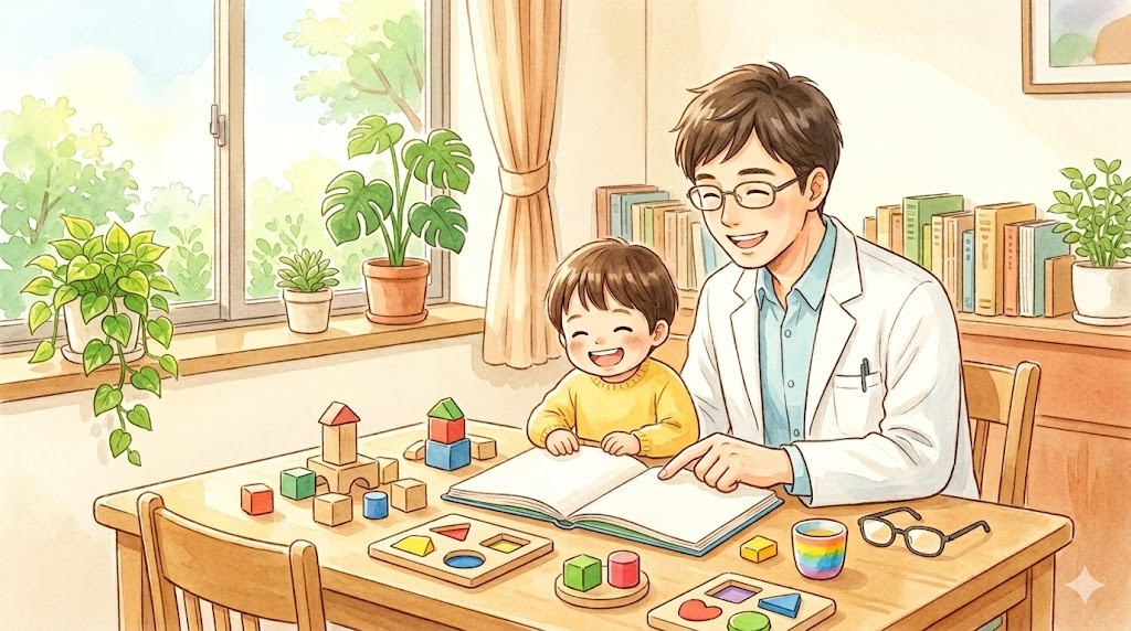 博士パパパパと幼児が机に向かって学ぶ温かい雰囲気のイラスト